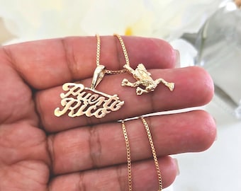 Gold Puerto Rico Necklace: Coqui, Palm Tree, or Sun Charm, 1mm Box Style Chain