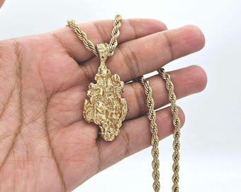 14k Heavy Plated Gold Nugget Pendant Necklace, 4mm French Rope Chain