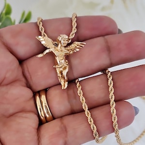 Gold Angel Necklace: 14k Plated Cherub Pendant, 2mm Rope Chain