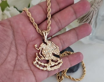 Large Mexican Shield Eagle Necklace, 14k Heavy Plated Gold, High Quality, Lifetime Replacement Guarantee, 4mm Diamond Cut French Rope Chain