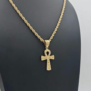 Gold Ankh Necklace For Men, Large Textured Ankh Cross Pendant, 4mm French Diamond Cut Chain, 14k Heavy Plated Gold Necklace, High Quality