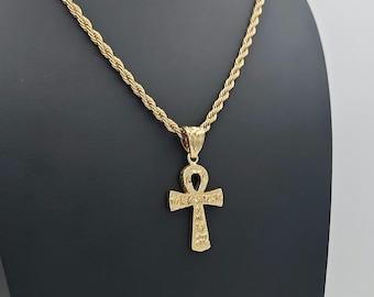 Gouden Ankh-ketting voor mannen, grote Ankh-kruishanger met textuur, Franse diamantgeslepen ketting van 4 mm, 14k zwaar vergulde gouden ketting, hoge kwaliteit