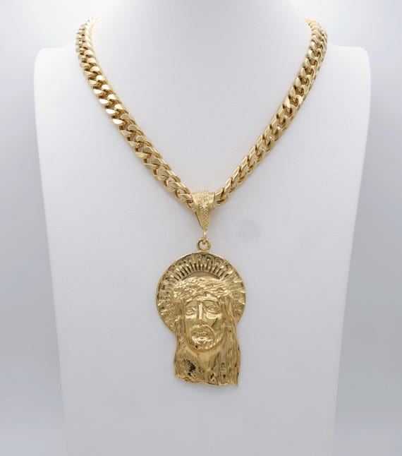 ジャンボ ジーザス ネックレス、14K ヘビーゴールドメッキ、10 mm