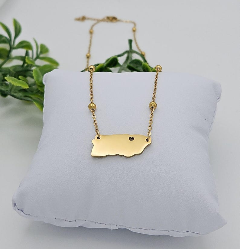 May include: Gold necklace with a pendant shaped like the outline of Puerto Rico with a small heart cut out in the center.