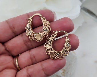 14k Gold Basket Earrings, Puffy Filigree Basket Earrings, M/L Gold Hoop Earrings, 14k Heavy Plated Gold, Hypoallergenic Posts, High Quality