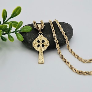 14k Gold Plated Celtic Cross Necklace: Embossed Knot, 4mm Rope Chain