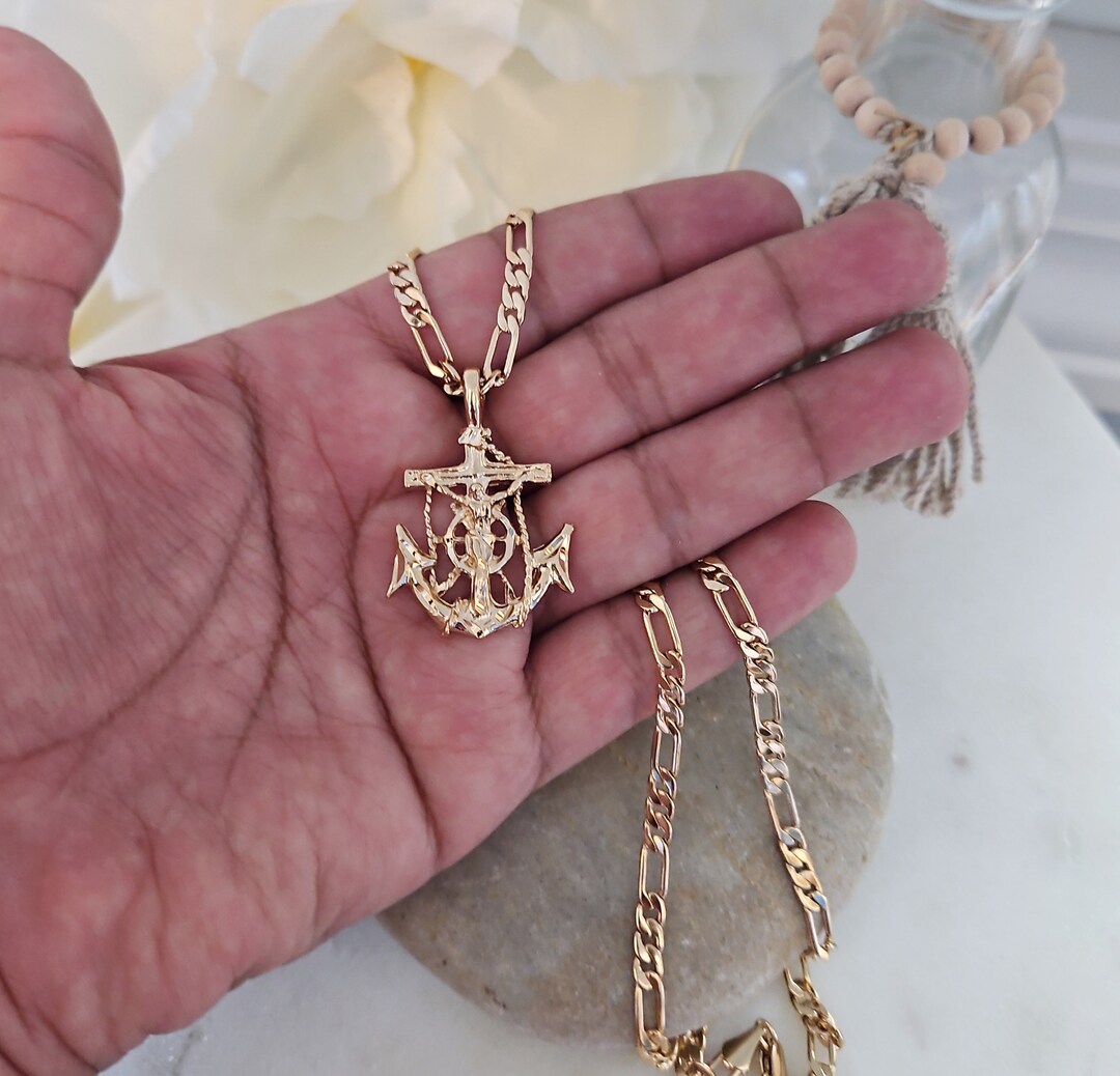 Gold Anchor Necklace, Anchor Jesus Pendant With 4mm Figaro Chain, 14k