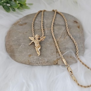 Gold Angel Necklace: 14k Plated Cherub Pendant, 2mm Rope Chain image 4