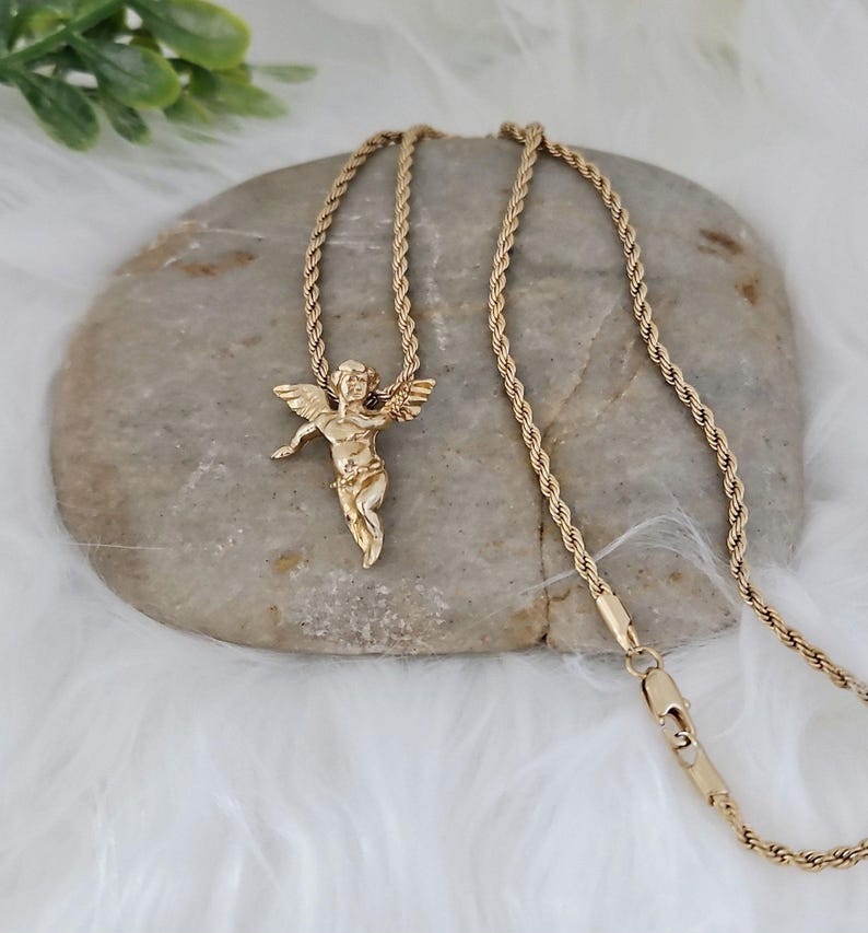 Gold Angel Necklace: 14k Plated Cherub Pendant, 2mm Rope Chain image 4