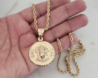 14k Gold Large Jesus Necklace, Large Jesus Medallion,  4mm French Rope Chain, 14k Heavy Plated Gold, High Quality Chain