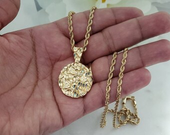 14k Gold Nugget Necklace, Gold Nugget Chain, Round Nugget Necklace, 14k Heavy Plated Gold, 25mm Nugget Pendant, Rope or Figaro Chain