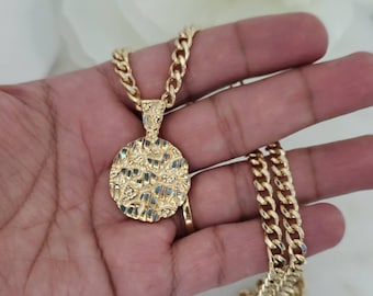 Gold Nugget Necklace, Gold Nugget Chain, Round Nugget Necklace, 14k Heavy Plated Gold, 25mm Nugget Pendant, 5mm Curb Chain, High Quality