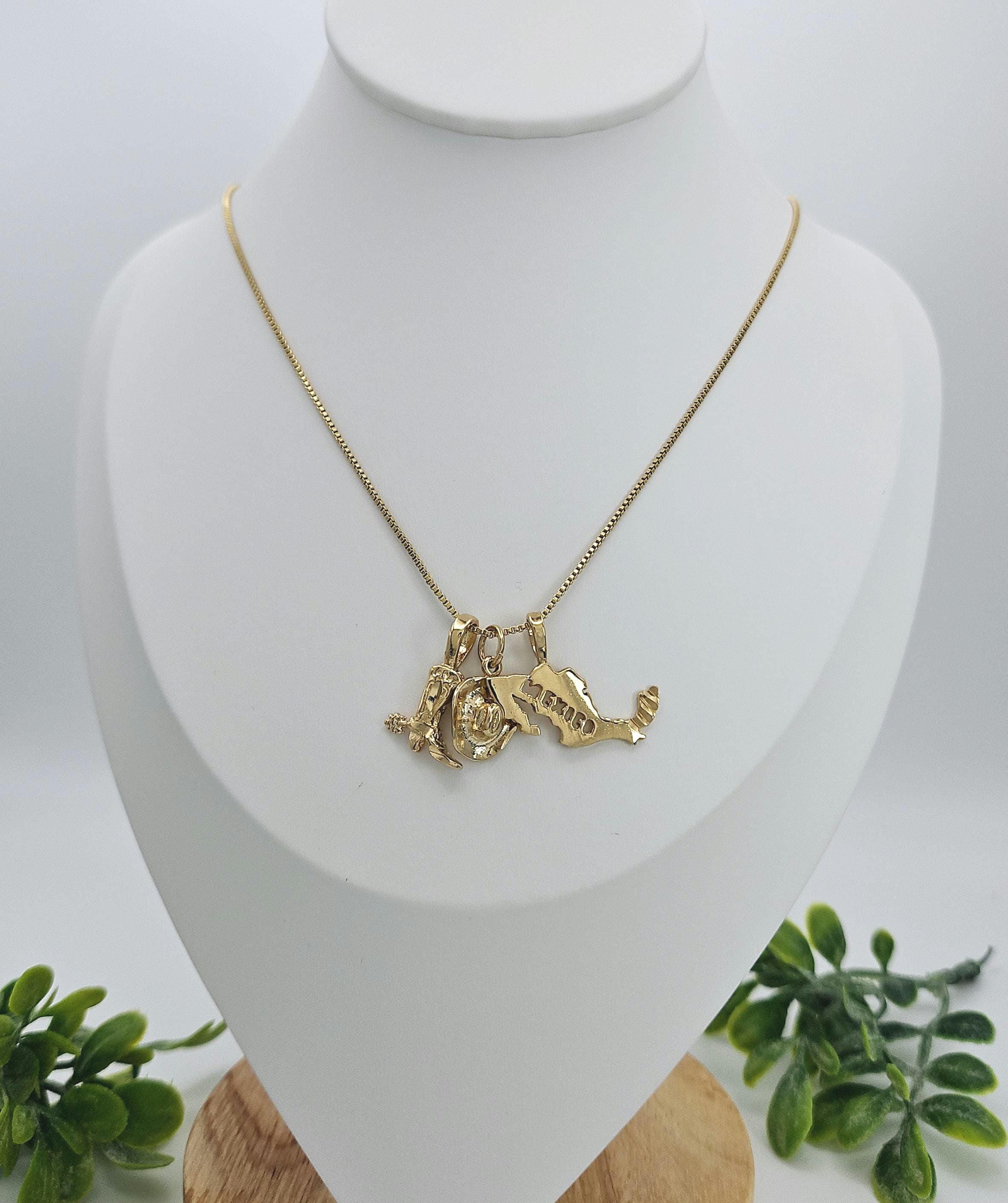 Gold Mexico Map Necklace with Cowboy Boot and Hat Charms