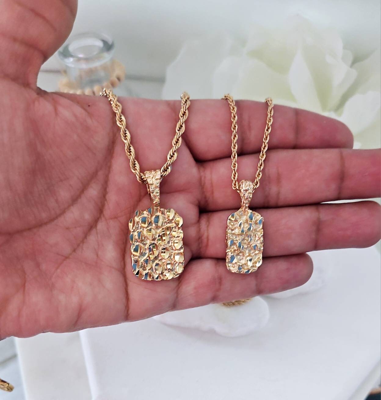 Gold Nugget Dog Tag Necklace: 14k Heavy Plated, 3mm Rope Chain 