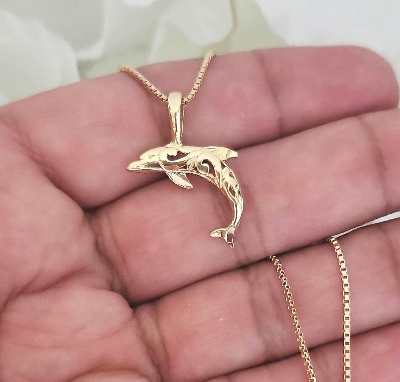Gold Filigree Dolphin Necklace: 14k Heavy Plated Pendant, 1mm Box