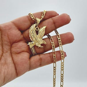 Gold Eagle Pendant Necklace: 14k Plated Figaro Chain
