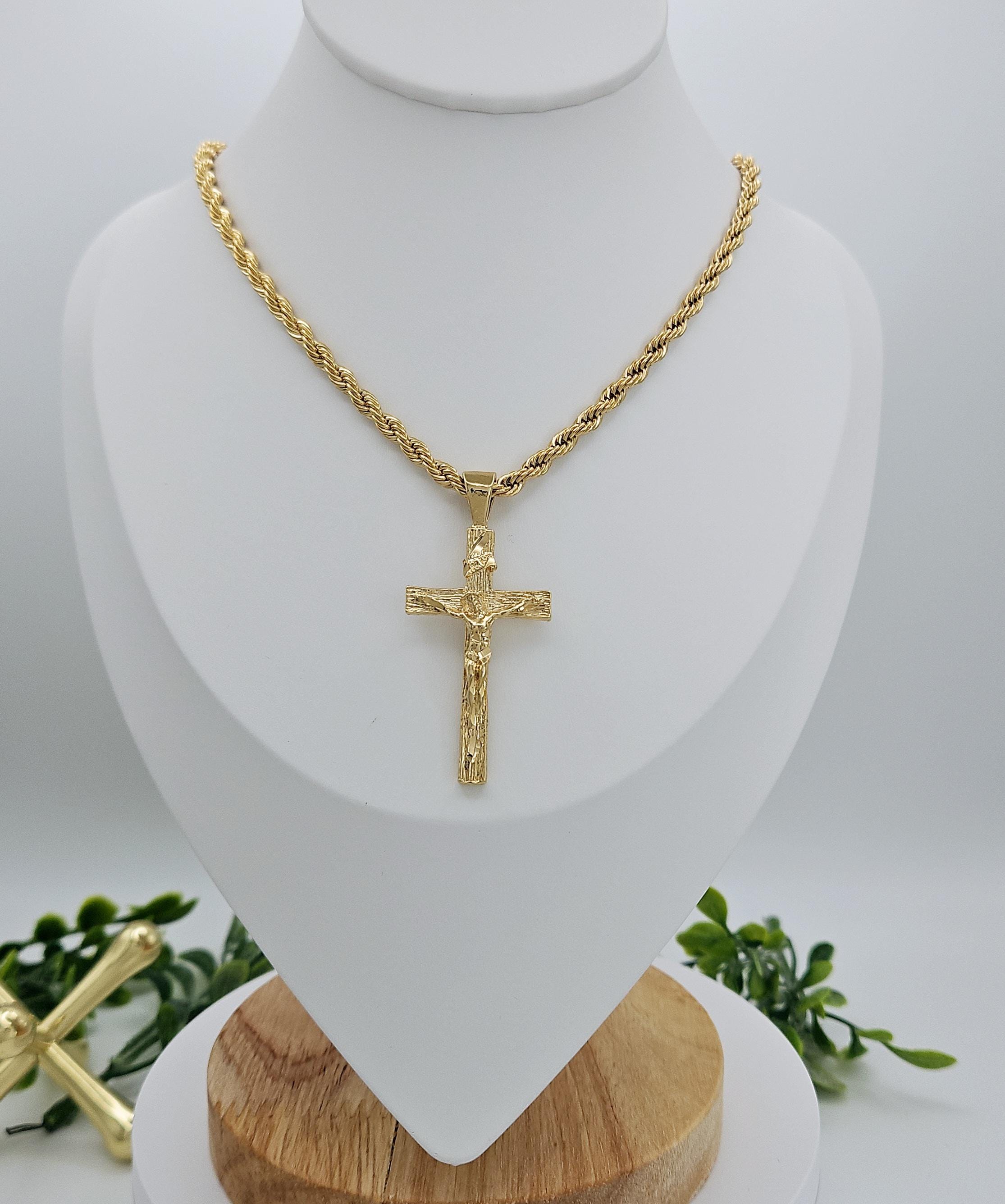 Gold Crucifix Necklace: 14K Plated, 4mm French Rope Chain