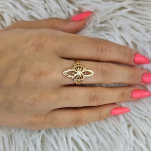 Anillo alargado vintage de oro, anillo DC estilo vintage, chapado en oro grueso de 14 k, garantía de reemplazo de por vida, anillo de alta calidad para mujer.