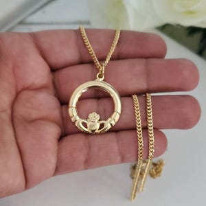Gold Claddagh Necklace: Friendship, Loyalty, Love - Figaro Chain
