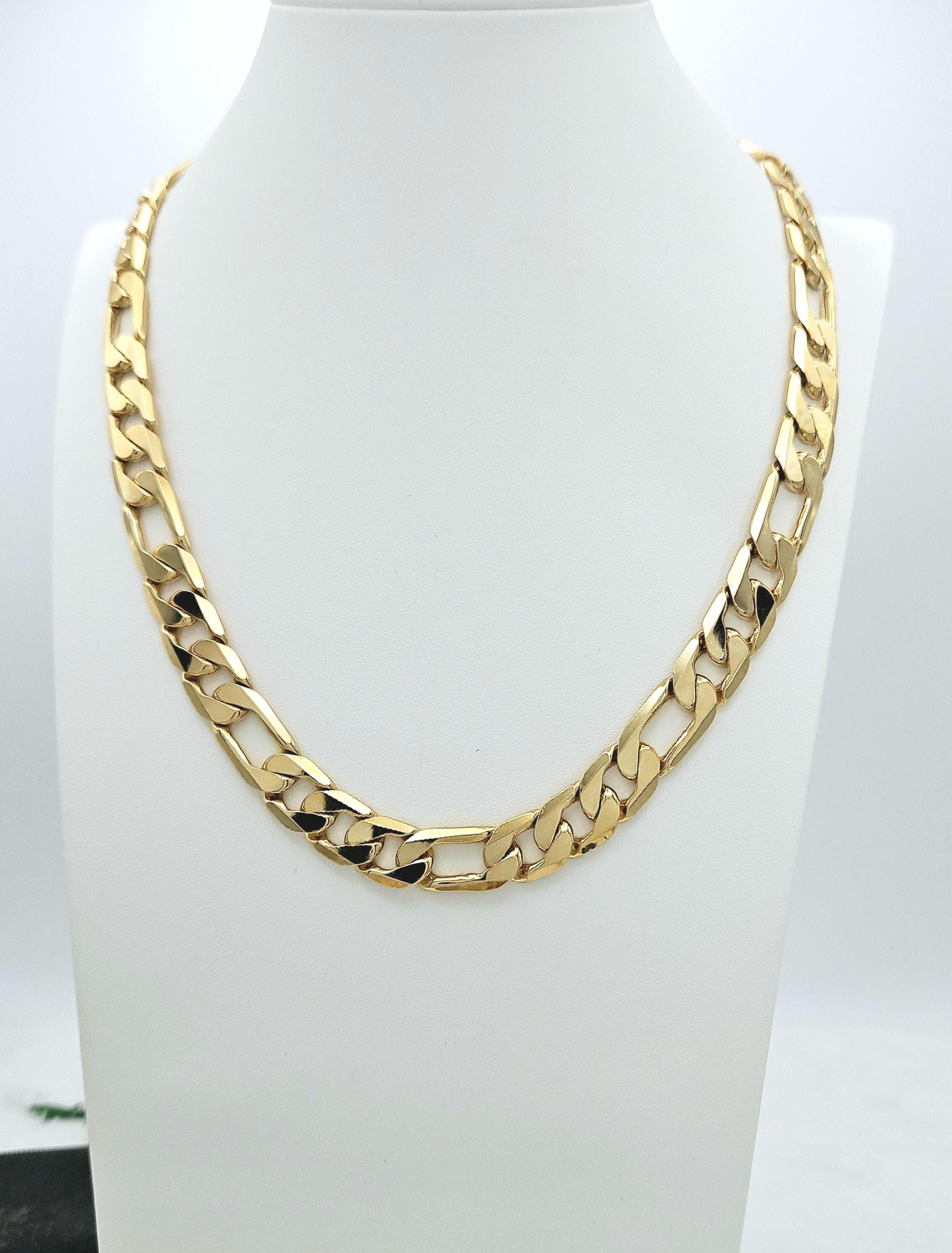 Large 12mm Flat Figaro Chain Necklace: 14k Heavy Gold Plated, Lifetime Replacement Guarantee