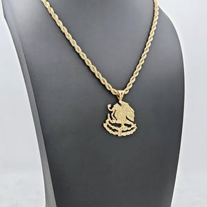Large Mexican Eagle Necklace: 14k Gold Plated, 4mm Rope Chain