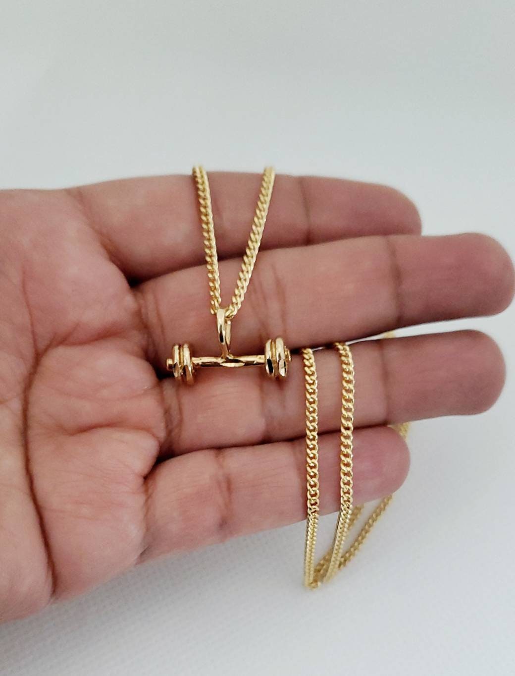 Gold Dumbbell Necklace, Small Dumbbell Pendant, 1mm Gold