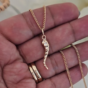 Gold Italian Horn Necklace: Diamond Cut Pendant, 14k Plated Curb Chain