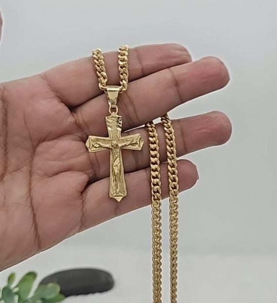 Collier Homme Pendentif Croix Jésus En Argent 925 - Chaîne 24 Pouces - Fini Or 14 Carats