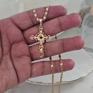 14k Gold Plated Cross Necklace: Fancy Crucifix Pendant, 2mm Scroll Chain