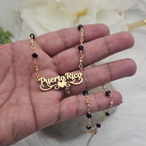 Colar de ouro Porto Rico, colar de contas pretas Porto Rico, ouro banhado a ouro 14k, pingente de luxo Porto Rico, colar de alta qualidade, feminino