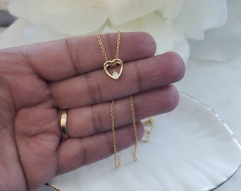 Gold Dainty Necklace, Tiny Heart With CZ Stone, 14k Heavy Plated Gold Necklace, Minimalist Necklace, Tiny Heart Necklace, High Quality