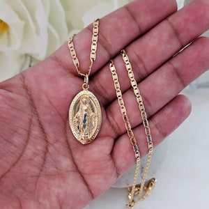 Gold Virgin Mary Necklace, Miraculous Medal Necklace, 14k Heavy Plated Gold Miraculous Medal, Virgin Mary Necklace, 2mm Fancy Mariner Chain