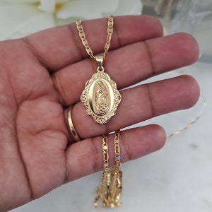 Gold Virgin Mary Necklace, Guadalupe Necklace, 2mm Fancy Flat Chain, 14k Heavy Plated Gold, High Quality, Lifetime Replacement Guarantee,