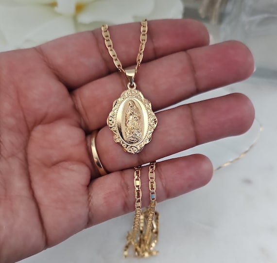 14K Gold Plated Virgin Mary Guadalupe Pendant Necklace - 18/22 Inch Figaro Chain