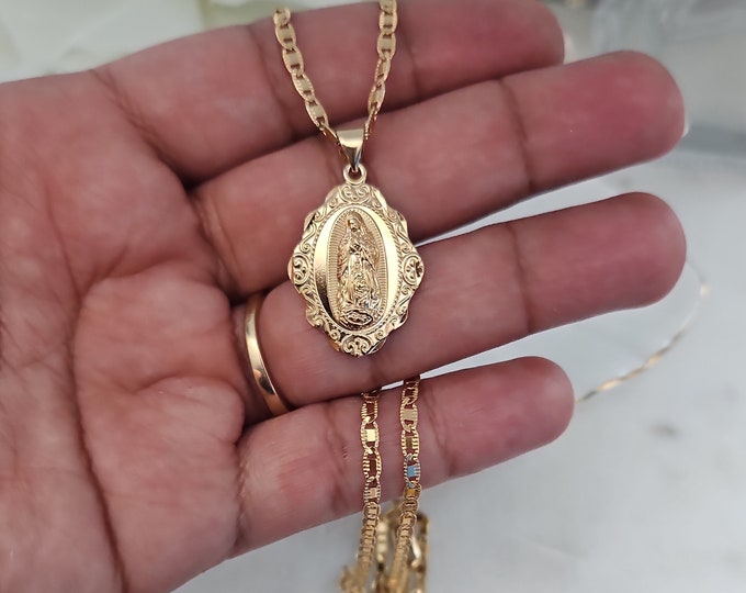 Gold Virgin Mary Necklace, Guadalupe Necklace, 2mm Fancy Flat Chain