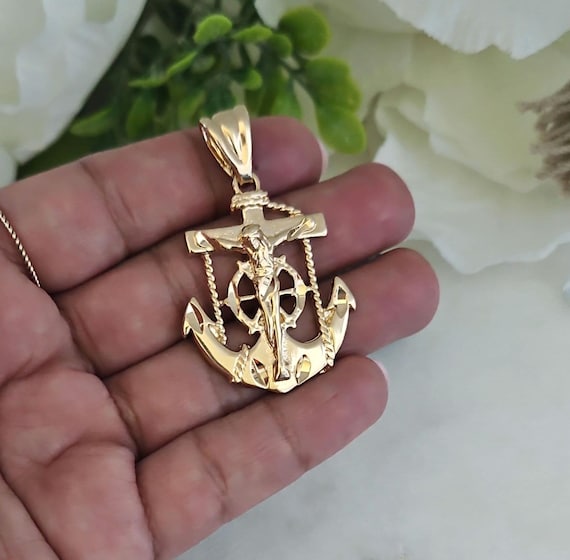 14k Gold Chain Mens Anchor Pendant 14k Yellow Gold Large Stockless