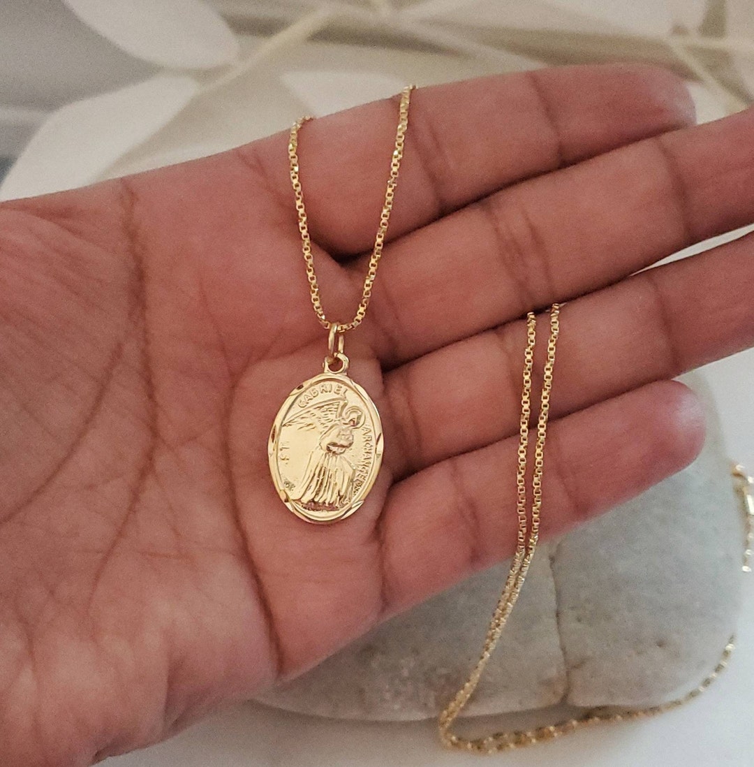 Gold St Gabriel Necklace, Messenger of God, Oval Saint Gabriel Pendant With 1mm Twisted Box