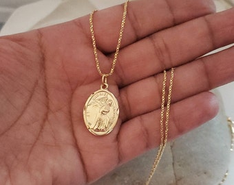 Gold St Gabriel Necklace, Messenger of God, Oval Saint Gabriel Pendant with 1mm Twisted Box Chain, 14k Heavy Plated  Necklace