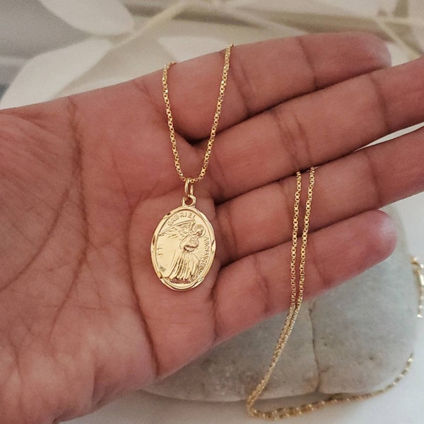 Gold St Gabriel Necklace, Messenger of God, Oval Saint Gabriel Pendant with 1mm Twisted Box Chain, 14k Heavy Plated  Necklace