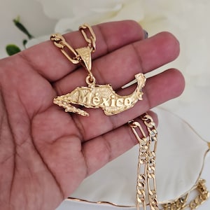Gold Mexiko Halskette für Männer, Mexiko Land Halskette, 14 Karat schwer überzogenes Gold, 6 mm runde Figaro Kette, lebenslange Ersatzgarantie