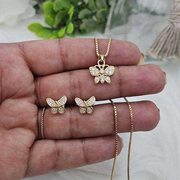 Gold Cubic Zirconia Butterfly Necklace & Earrings Set, 14k Heavy Plated Gold, 1mm Box Style Chain, Tiny Butterfly Set, For Girls or Women