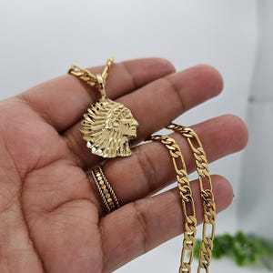 Gold Indian Chief Necklace: Diamond Cut Cacique Pendant, 14k Heavy Gold Plated