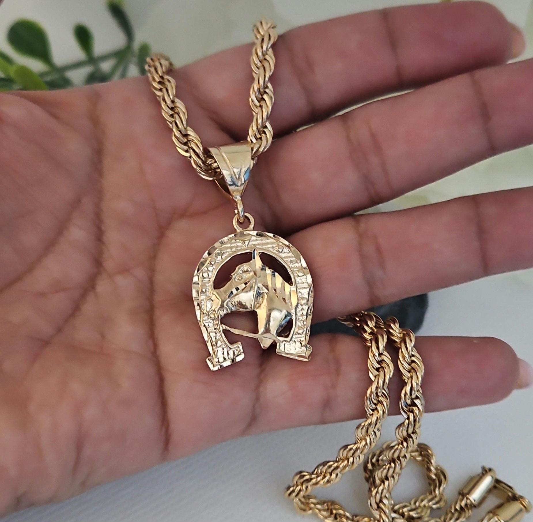 Gold Lucky Horseshoe Necklace Men: 14k Plated Rope Chain