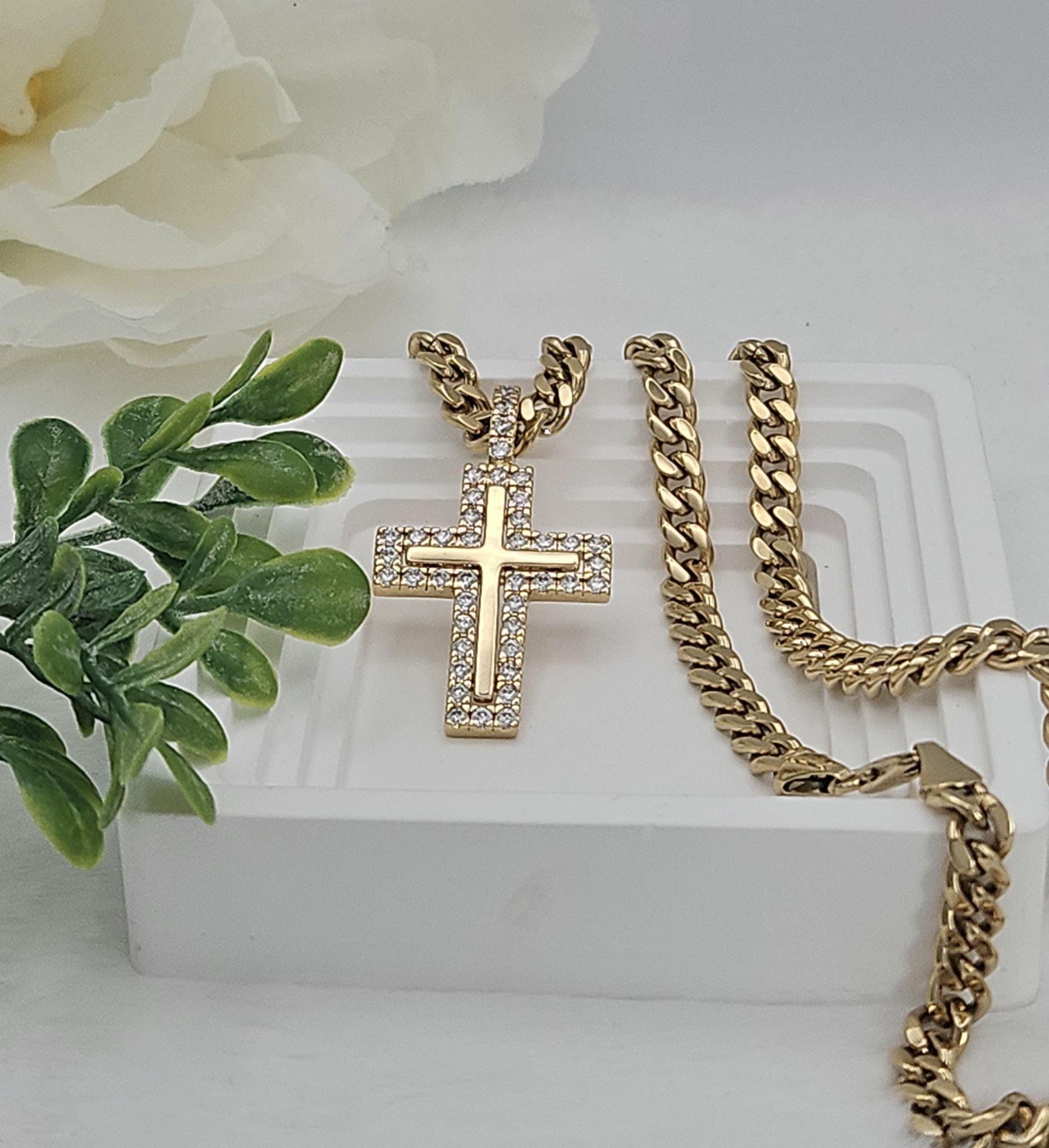 NUOVO Ciondolo Croce Baseball Con Catena Cubana 3mm 20 Placcata Oro – Collana Uomo