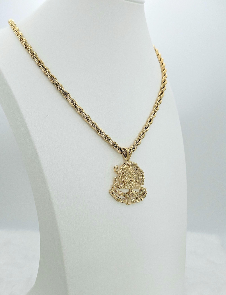Mexican Rope Chain Large Mexican Shield Eagle Necklace: 14k Gold Plated, 4mm Rope Chain ...