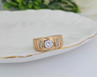 14k Gold Plated Men's Ring: Brilliant CZ, Heavy Band