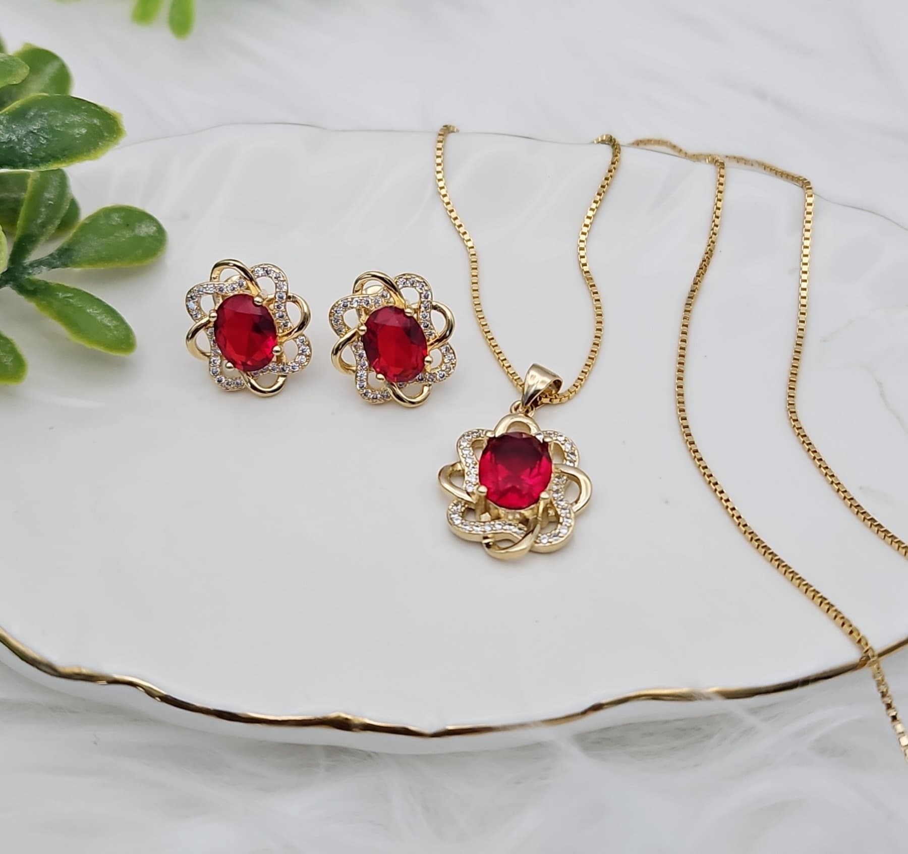 Gold Ruby Necklace & Earrings Set: Synthetic Diamond, 14k  display picture 1