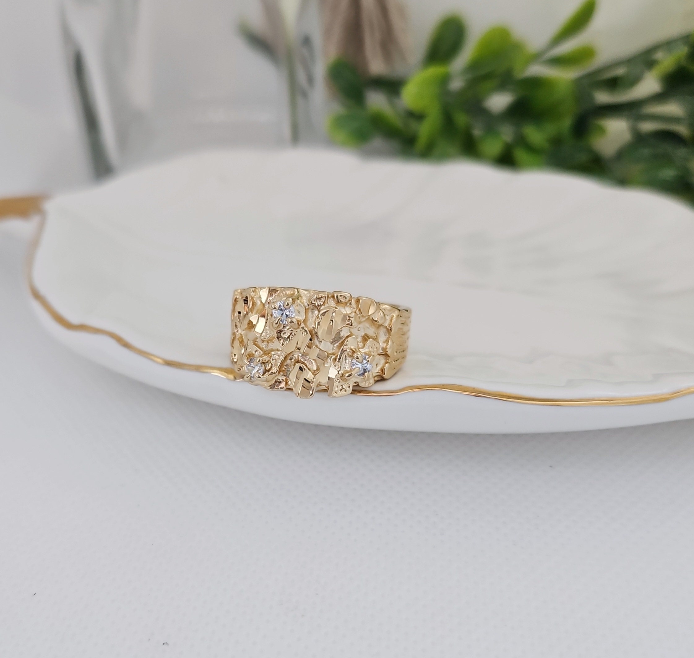 Gold Nugget Ring, Men&#39;s Nugget Diamond Ring, 14k Heavy Plated Gold, Cubic Zirconia Nugget Ring, High Quality, Lifetime Replacement Guarantee