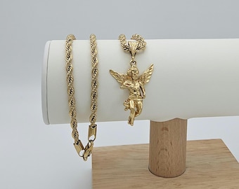 Collar Ángel Guardián de Oro: Colgante de Querubín, Cadena de Cuerda de 4 mm, Baño de Oro de 14k