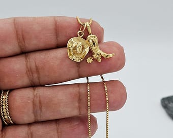 Gold Cowboy Boot and Hat Necklace, Gold or Silver Texas Necklace, Dainty Cowgirl Necklace, 14k Heavy Plated Gold Necklace, Also in Silver